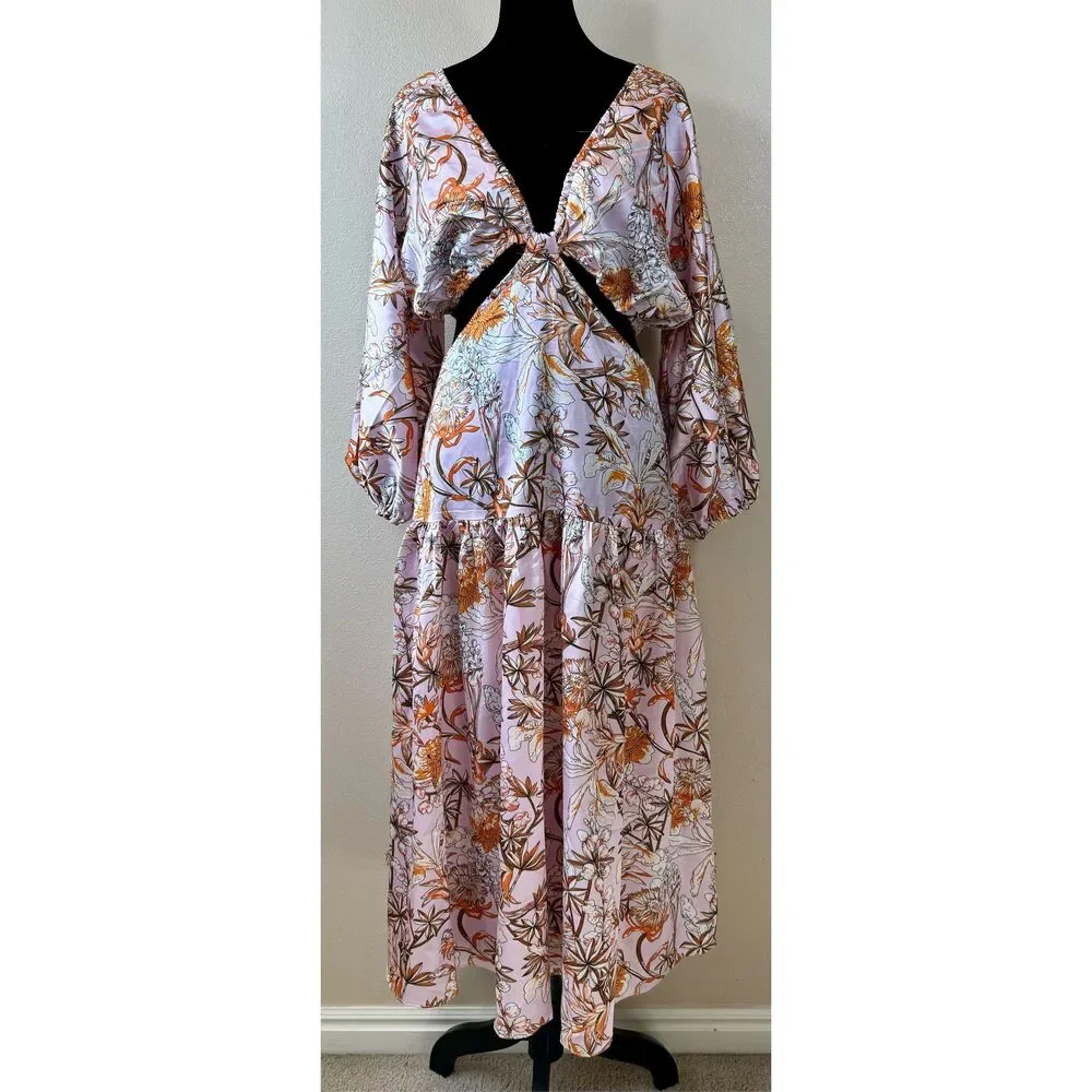 Hello Molly Don't Stop Me Mid-Riff Cut Out Puffy Sleeve Midi Dress Size 6 - Picture 5 of 14